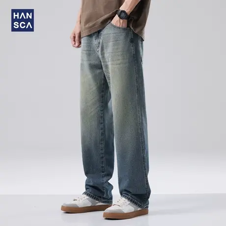 hansca复古蓝宽松直筒牛仔裤男春季新款美式做旧水洗潮牌休闲长裤商品大图