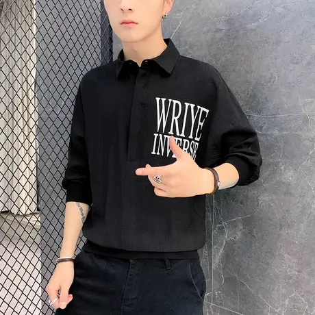 男士七分袖衬衫夏季半袖衬衣潮流休闲痞帅中袖T恤个性体恤上衣服图片