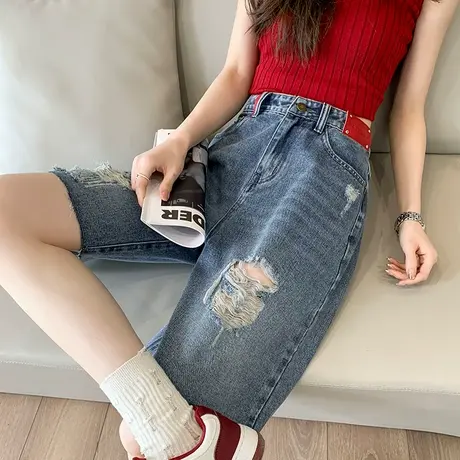 五分牛仔短裤女春夏薄款高腰破洞宽松复古显瘦显高美式阔腿裤中裤商品大图