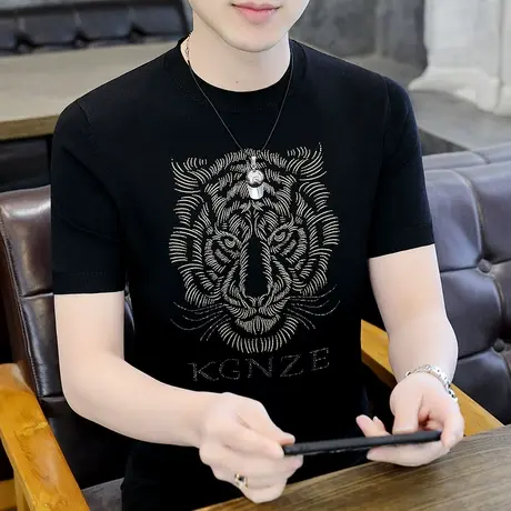 潮牌重工艺虎头烫钻短袖t恤男夏季高端冰丝圆领半袖帅气打底体恤商品大图