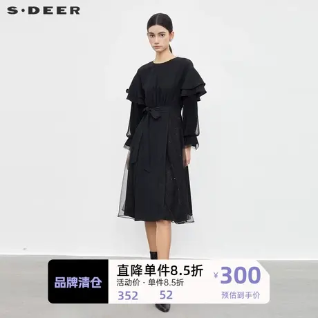 sdeer圣迪奥女装圆领收腰网纱雪纺荷叶边连衣裙S233Z12G6图片