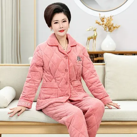婷美新款中老年睡衣女士秋冬季三层夹棉加绒加厚开衫家居服两件套商品大图