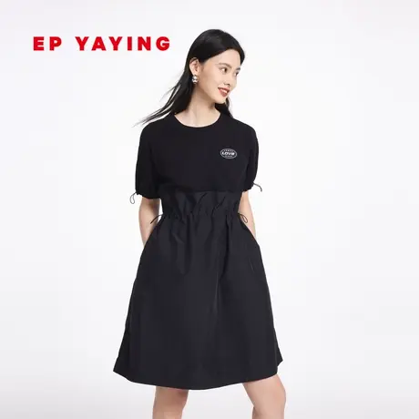 EP雅莹女装 泡泡袖小黑裙针织相拼收腰连衣裙 2023新款4610A图片