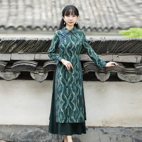 筠雅奥黛旗袍改良版连衣裙女春季长款年轻复古气质小香风盘扣裙子图片