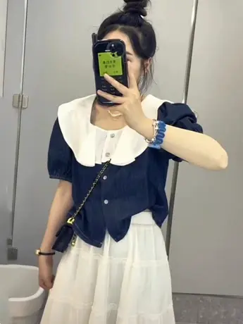 固色不掉色不染色!娃娃领拼接牛仔衬衫女夏季欧货新款小个子上衣图片