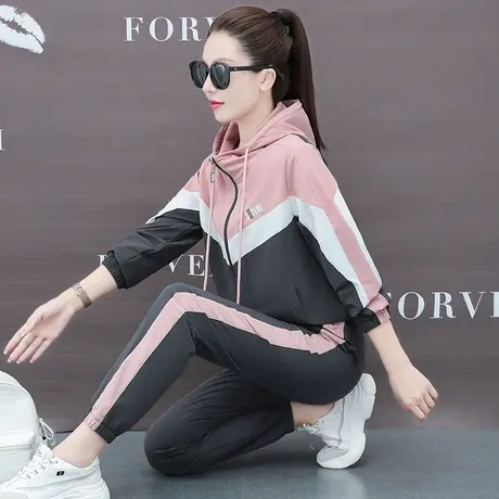 梭织宽松运动套装女春秋季时髦连帽拉链卫衣外套薄款休闲服两件套商品大图