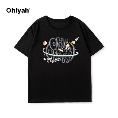 Ohlyah潮牌个性印花圆领短袖T恤2022夏季新款宽松印花情侣短T男女商品大图