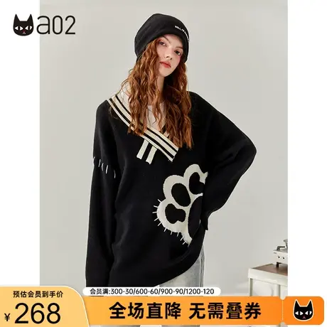 【轻途】a02原创潮流针织衫女2023秋新品宽松V领毛衫猫爪提花上衣商品大图