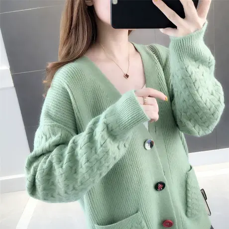 慵懒风很仙的牛油果绿毛衣外套女秋冬新款开衫宽松外穿针织衫图片