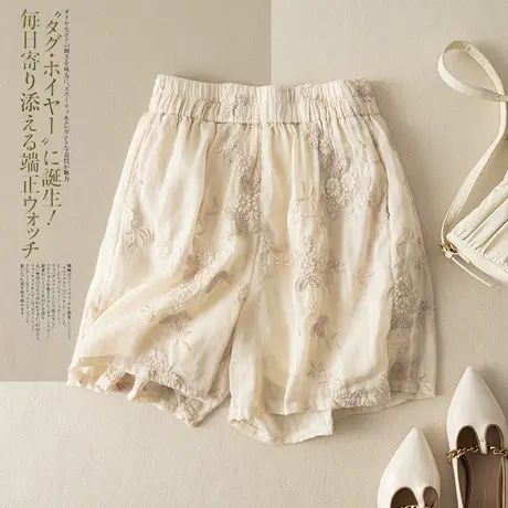 享永子重工刺绣苎麻短裤女阔腿裤文艺复古高级感棉麻休闲裤新款夏商品大图