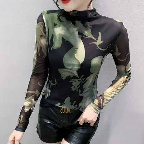 2023春秋新款半高领打底衫女内搭网纱印花上衣显瘦漂亮长袖T恤女商品大图