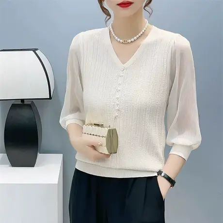v领雪纺袖冰丝针织衫2023春夏ink七分袖薄款打底衫内搭洋气百搭女商品大图