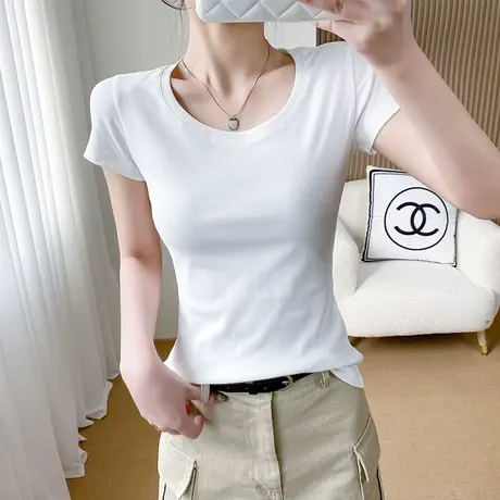 罗纹纯棉圆领短袖t恤女白色春夏百搭修身上衣显瘦气质体恤打底衫商品大图