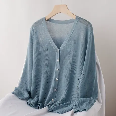 镂空针织开衫女薄款春夏季风格上新长袖空调衫防晒衣宽松外搭披肩图片