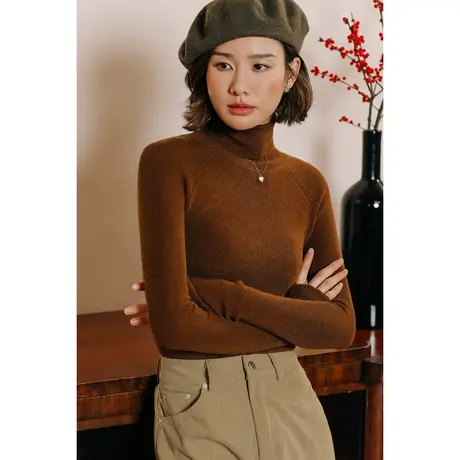 弥古棕色高领毛衣针织打底衫女修身高级感秋冬季大衣内搭蓝色上衣商品大图