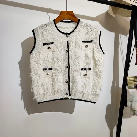 小香风针织马甲开衫女秋季新款无袖坎肩休闲短款马夹背心上衣外套商品大图