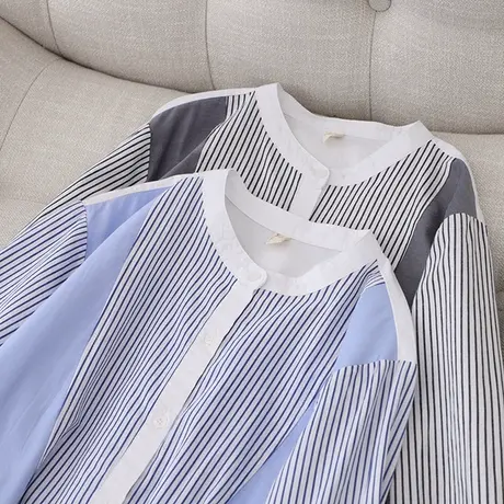 条纹衬衫女2022春秋新款洋气设计感拼接长袖上衣宽松大码别致衬衣图片