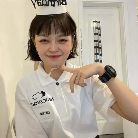 红续白色纯棉短袖Polo衫女韩版港味chic字母刺绣宽松半袖T恤ins潮商品大图