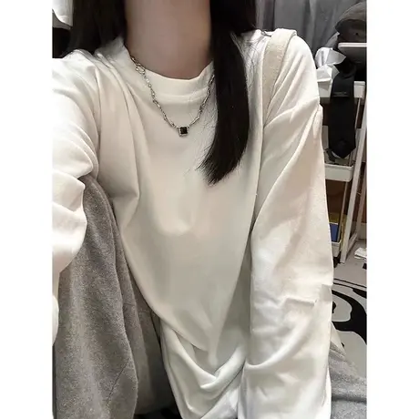 简约纯色长袖T恤女士秋装纯棉宽松打底衫百搭韩版白色上衣体恤潮商品大图