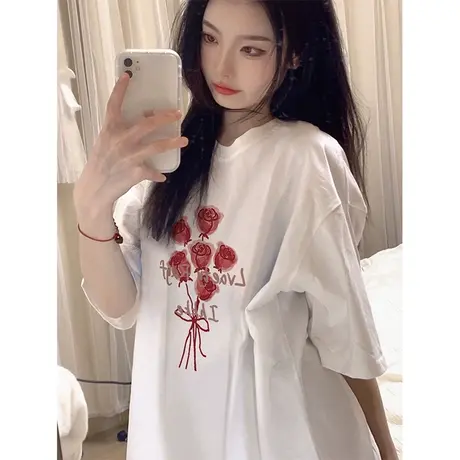 重磅纯棉白色短袖t恤女ins国潮春季宽松圆领设计感小众正肩上衣夏商品大图