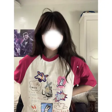 美式复古插肩短袖t恤女小个子学生宽松半袖上衣夏季oversize潮牌图片