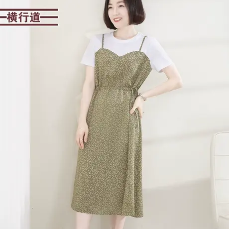 裙子女夏天圆领拼接雪纺收腰中长款大码显瘦2023新款连衣裙夏季女图片