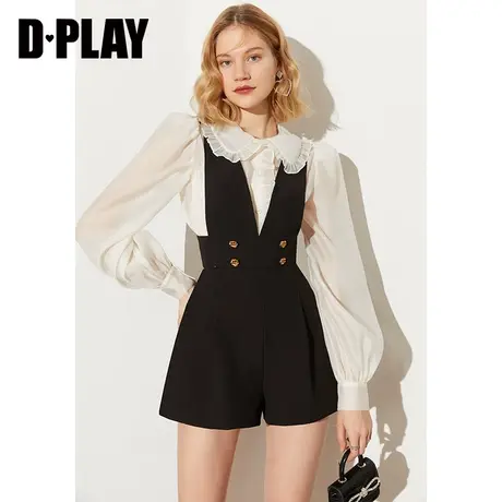 DPLAY秋装新款时尚英伦风高腰宽腰节黑色小A摆背带裤商品大图