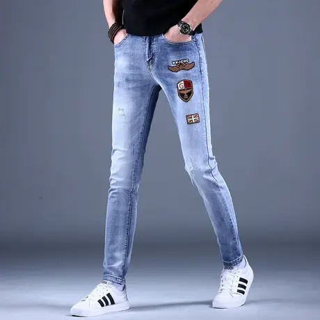 男士刺绣牛仔裤男修身小脚弹力2023新款秋季超薄韩版休闲裤子男款商品大图