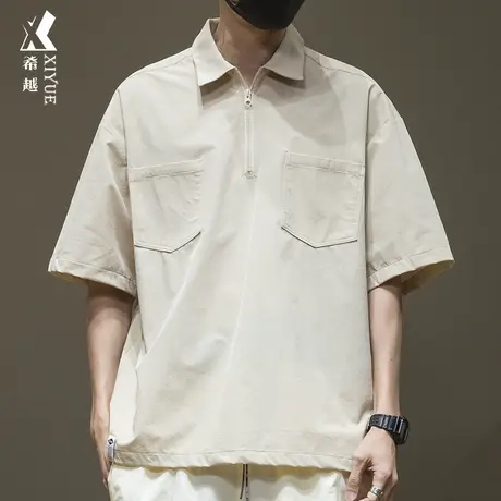 夏季半拉链冰丝透气Polo衫男短袖宽松大码潮流日系休闲口袋衬衫潮商品大图