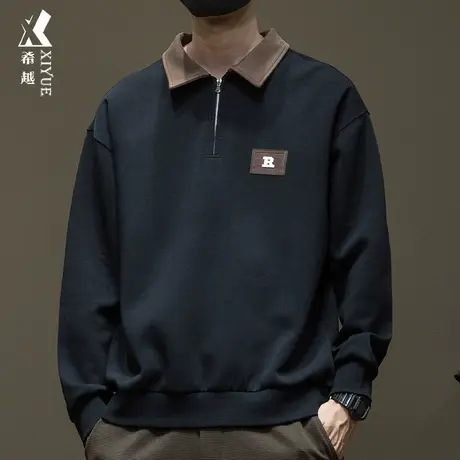 希越半拉链拼色Polo领卫衣男高级感双面棉秋冬宽松大码休闲套头衫商品大图