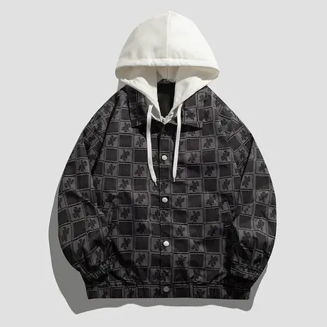 秋冬季日系港风棋盘格子印花连帽假两件卫衣夹克外套男士2023新款商品大图