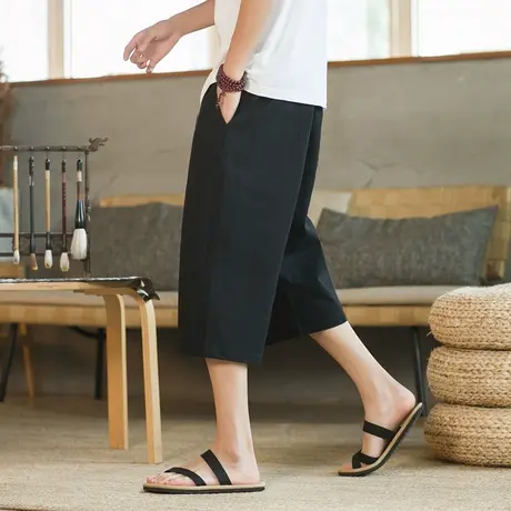 亚麻短裤男夏季薄款棉麻七分裤中国风大码男装直筒宽松裤子休闲裤商品大图