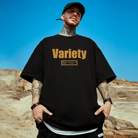 300g重磅美式字母短袖t恤街头大码黑色圆领纯棉简约半袖男生潮流商品大图