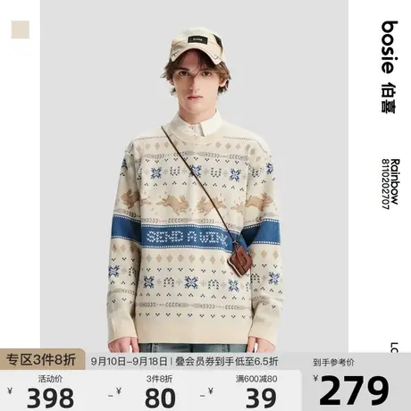 bosie2022年冬季新款套头毛衣男情侣复古北欧感兔子暖调毛衣商品大图