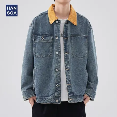 hansca秋季牛仔夹克男款宽松工装夹克潮牌日系复古撞色春秋外套潮商品大图