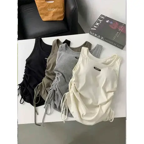 夏季外穿带胸垫抽绳背心女时髦显瘦内搭无袖T恤高弹修身方领吊带图片