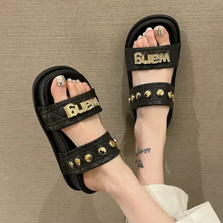 时尚水钻铆钉一字拖女夏季网红外穿松糕厚底沙滩防滑踩屎感凉拖鞋商品大图