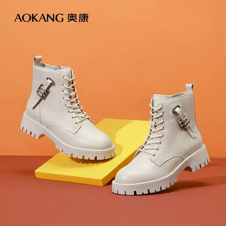【门店发货】奥康女鞋 冬季新款真皮女靴潮ins酷英伦风靴子马丁靴图片