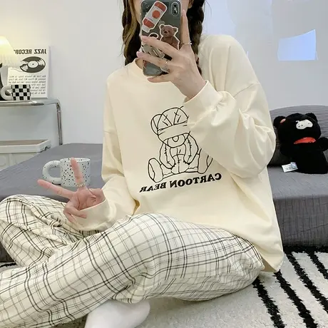 南极人睡衣女春秋纯棉长袖网红风学生可外穿家居服套装宽松休闲薄商品大图