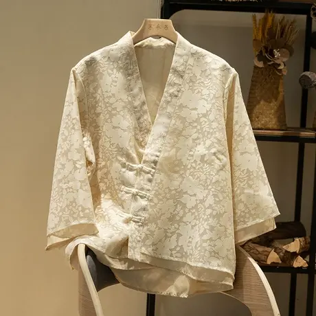 享永子七分袖国风斜襟盘扣茶服上衣女小众设计气质高级感2023新款图片