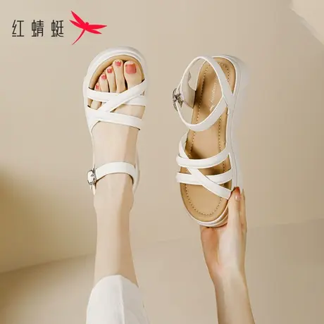 红蜻蜓厚底凉鞋女2023新款夏季一字带中年女鞋坡跟软底舒适罗马鞋商品大图