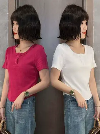 短袖T恤女2023年夏季新款修身显瘦韩版纯色百搭圆领短款打底上衣商品大图