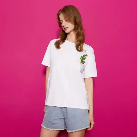 Juicy Couture橘滋23新款夏日沙漠皇冠logo绣花不对称拼接短袖T恤商品大图