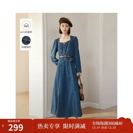 茵曼复古气质牛仔连衣裙2023秋女装新款法式方领显瘦收腰长裙子商品大图
