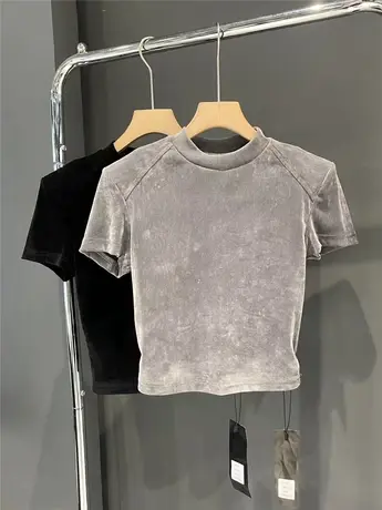 短款T恤女短袖设计感垫肩丝绒打底衫韩版2023秋季新款性感上衣服商品大图