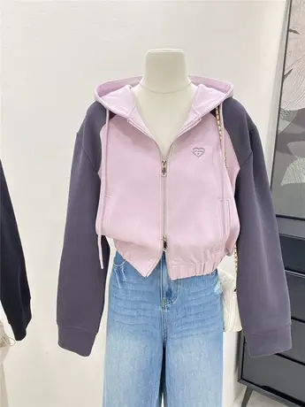 短款拉链外套女2023新款爆款时尚宽松爱心刺绣拼色开衫长袖卫衣商品大图