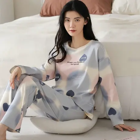 猫人睡衣女士秋冬款纯棉带胸垫一体式柔软透气长袖圆领家居服套装商品大图