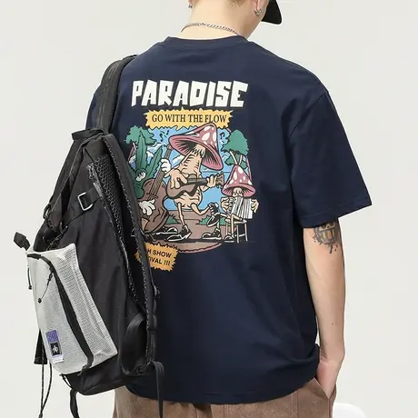 男士印花宝蓝色t恤男短袖潮牌2023新款夏季男装体恤衫宽松五分袖商品大图