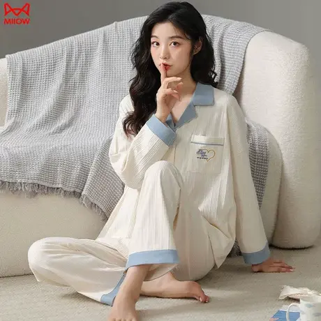 猫人睡衣女款纯棉春秋款2024新款长袖开衫可外穿家居服套装春季女商品大图