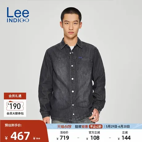Lee商场同款25春夏新品舒适版翻领黑灰色男长袖牛仔衬衫潮A08391商品大图